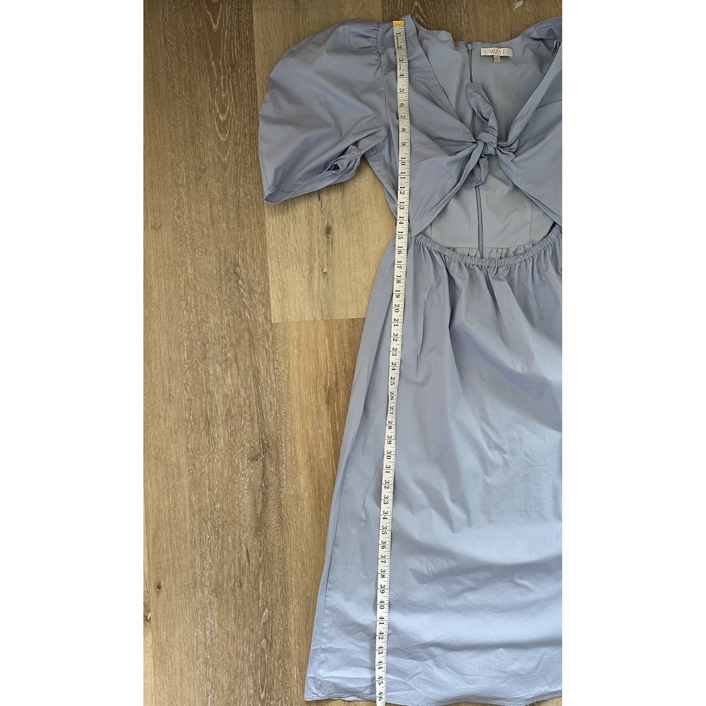 WAYF‎ Women Blue Puff Sleeve Bow Open Back Midi Dress Size M Cottagecore - Picture 6 of 8